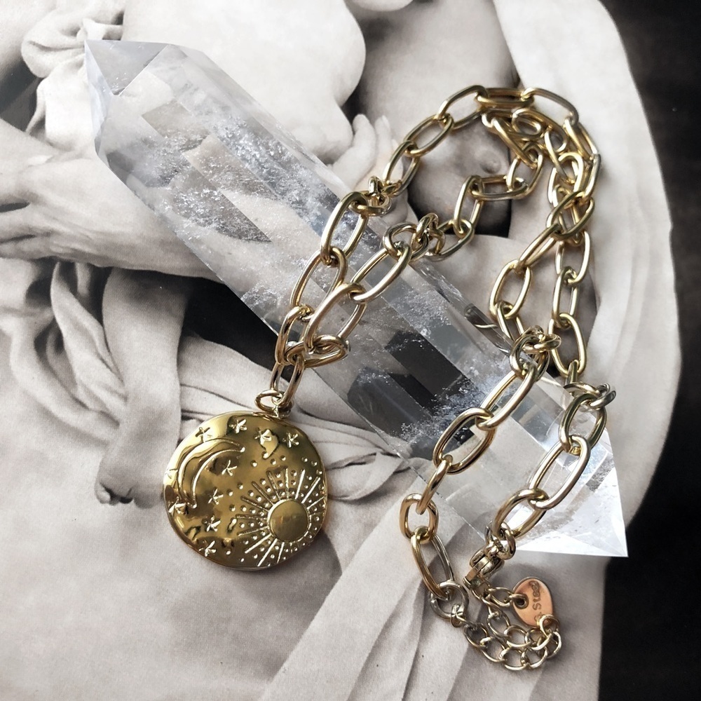 NEW Gold Plated Hammered Sun, Moon And Stars Celestial Necklace